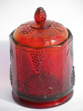 catalog photo of vintage red flashed stain glass covered glass jar, panel grape pattern