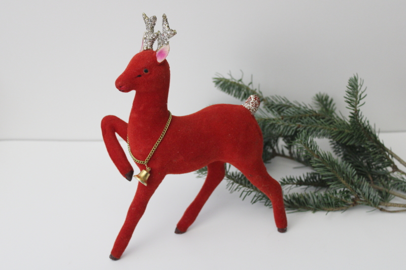 photo of vintage red flocked plastic deer, large Christmas decoration reindeer w/ bell #1