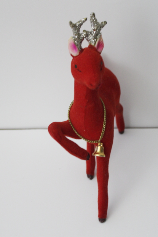 photo of vintage red flocked plastic deer, large Christmas decoration reindeer w/ bell #2