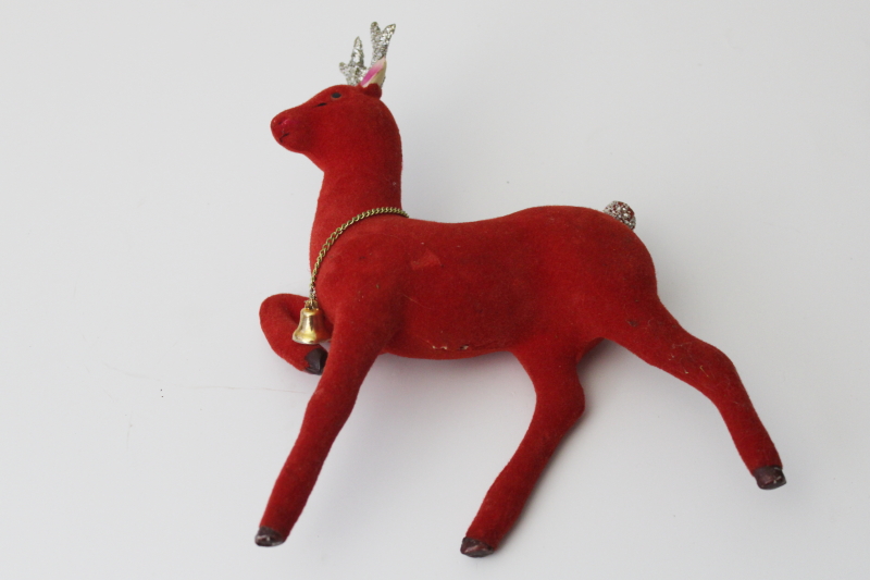 photo of vintage red flocked plastic deer, large Christmas decoration reindeer w/ bell #3