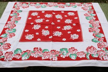 vintage red geraniums print kitchen tablecloth, flour or feed sack weight cotton fabric 