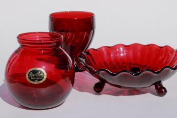 catalog photo of vintage red glass candy dish, tumbler vase, ball candle holder w/ Royal Ruby Anchorglass label