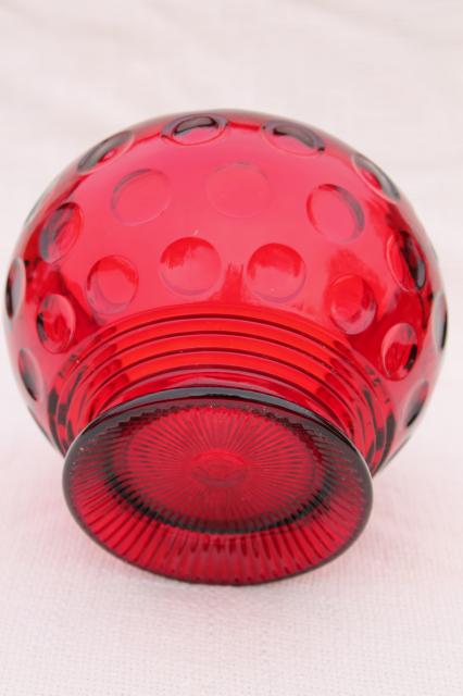 photo of vintage red glass flower bowl vase, dots thumbprint coin spot pattern pressed glass #4