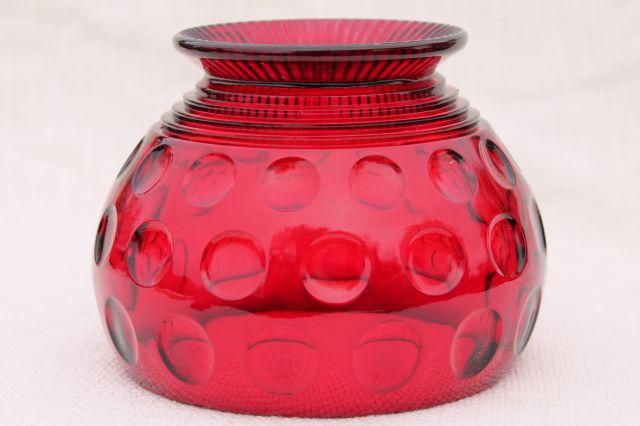 photo of vintage red glass flower bowl vase, dots thumbprint coin spot pattern pressed glass #5