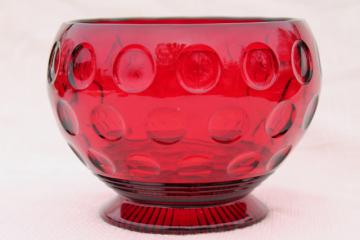 catalog photo of vintage red glass flower bowl vase, dots thumbprint coin spot pattern pressed glass