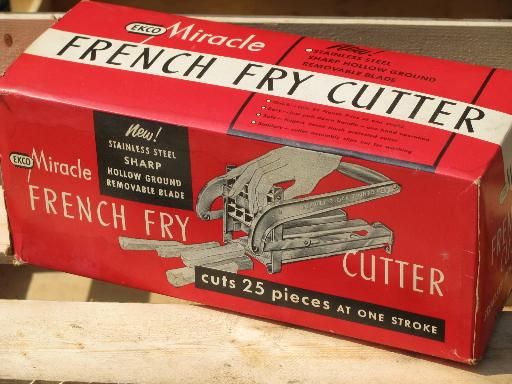 photo of vintage red handled Ekco french fry potato cutter, in original box #5