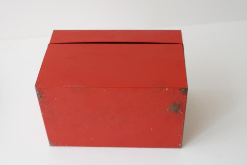 photo of vintage red metal file card box, recipe cards box for retro kitchen recipes #5