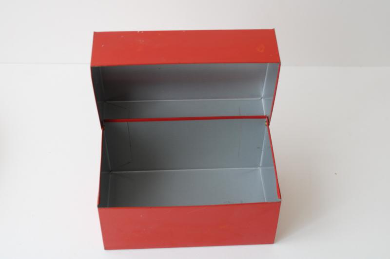 photo of vintage red metal file card box, recipe cards box for retro kitchen recipes #6