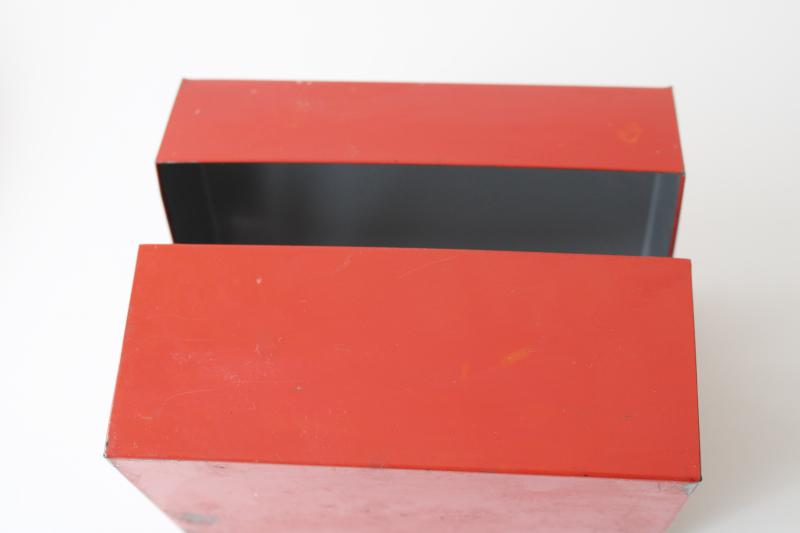 photo of vintage red metal file card box, recipe cards box for retro kitchen recipes #7