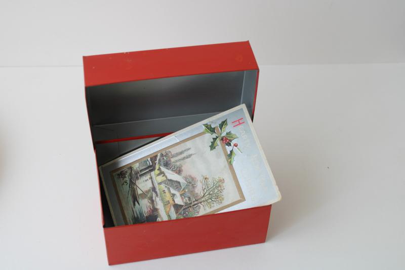 photo of vintage red metal file card box, recipe cards box for retro kitchen recipes #8