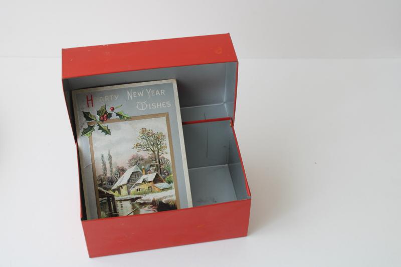 photo of vintage red metal file card box, recipe cards box for retro kitchen recipes #9