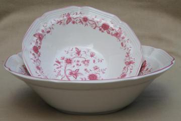 catalog photo of vintage red - pink transferware India tree stoneware pottery, large salad bowls 