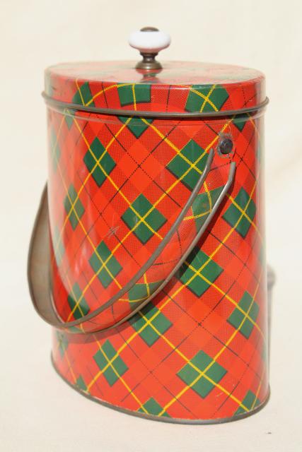 photo of vintage red plaid tartan ware tin sewing box or lunch bucket pail w/ lid #1