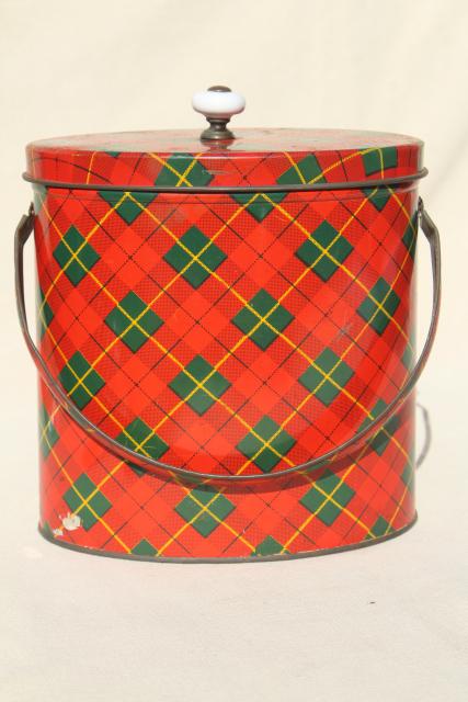 photo of vintage red plaid tartan ware tin sewing box or lunch bucket pail w/ lid #2