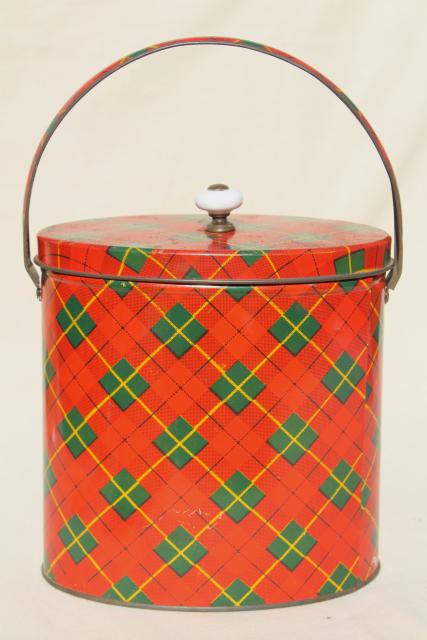 photo of vintage red plaid tartan ware tin sewing box or lunch bucket pail w/ lid #3