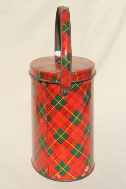 photo of vintage red plaid tartan ware tin sewing box or lunch bucket pail w/ lid #4