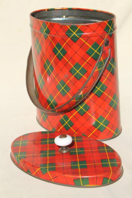 photo of vintage red plaid tartan ware tin sewing box or lunch bucket pail w/ lid #5