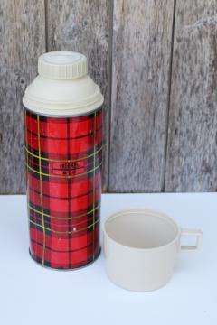 catalog photo of vintage red plaid tartanware Thermos w/ plastic stopper & mug, for camping or lunchbox