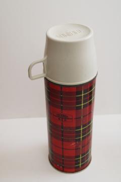 catalog photo of vintage red plaid tartanware Thermos w/ plastic stopper & mug, for camping or lunchbox