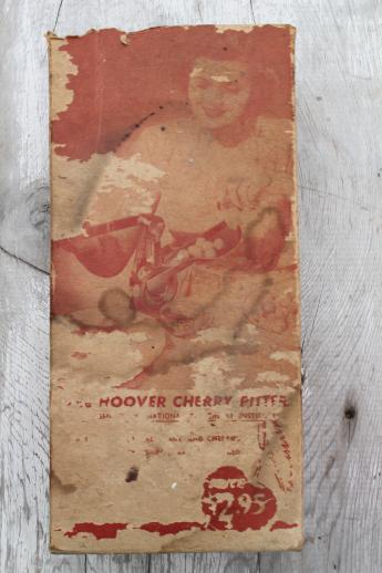 photo of vintage red plastic cherry stoner in original 1940s box, Hoover cherry pitter #5