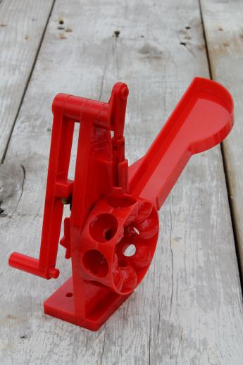 photo of vintage red plastic cherry stoner in original 1940s box, Hoover cherry pitter #6