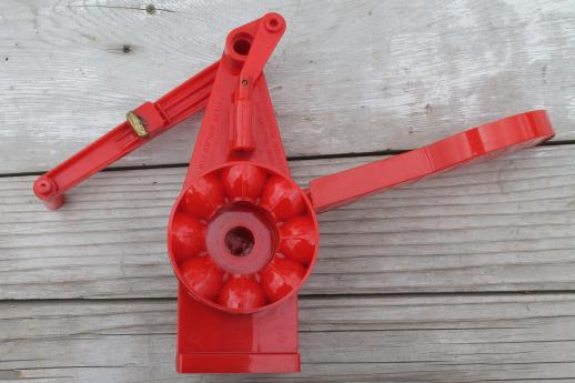 photo of vintage red plastic cherry stoner in original 1940s box, Hoover cherry pitter #11