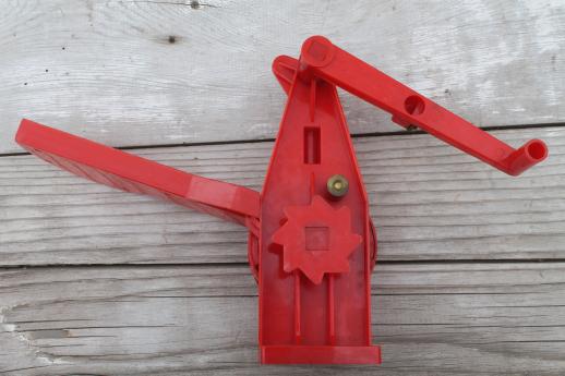 photo of vintage red plastic cherry stoner in original 1940s box, Hoover cherry pitter #12