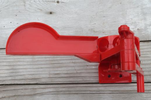 photo of vintage red plastic cherry stoner in original 1940s box, Hoover cherry pitter #13