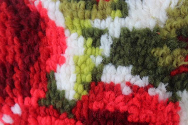 photo of vintage red rose shaggy rug pile latch hook cushion, 70s retro boho toss pillow #2