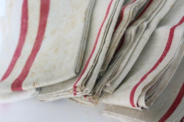 photo of vintage red stripe grain sack flax linen towels, french country kitchen linens #2