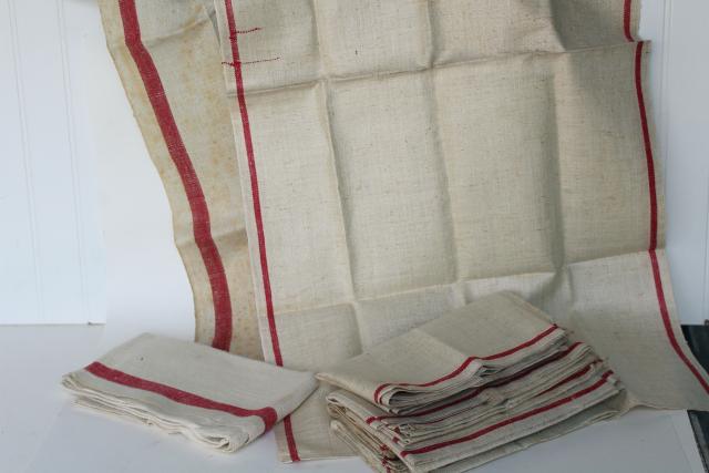 photo of vintage red stripe grain sack flax linen towels, french country kitchen linens #3