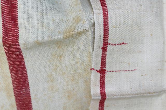 photo of vintage red stripe grain sack flax linen towels, french country kitchen linens #4