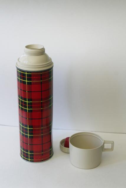 photo of vintage red tartan plaid Thermos bottle, King Seely insulated cooler for camp, picnics #1