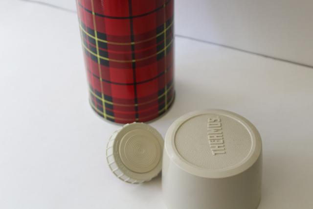 photo of vintage red tartan plaid Thermos bottle, King Seely insulated cooler for camp, picnics #7