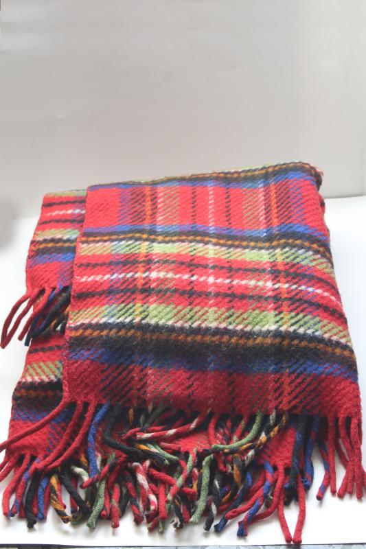 photo of vintage red tartan plaid camp blanket, cozy heavy wool throw w/ fuzzy fringe #1