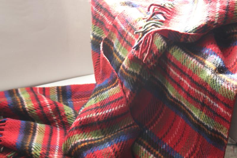 photo of vintage red tartan plaid camp blanket, cozy heavy wool throw w/ fuzzy fringe #11