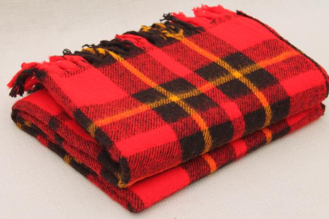 photo of vintage red tartan plaid stadium blanket, picnic or camp blanket w/ Faribo label #1