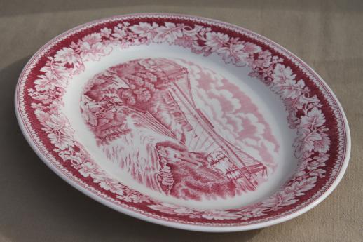 photo of vintage red transferware Currier & Ives china Suspension Bridge platter Homer Laughlin #2