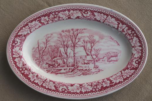 photo of vintage red transferware Currier & Ives china Winter in the Country platter Homer Laughlin #1