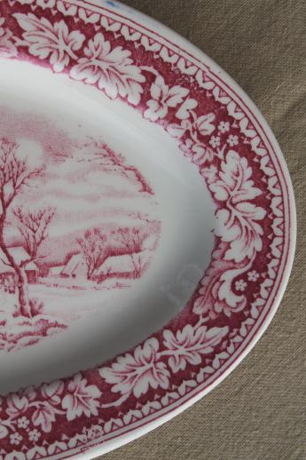 photo of vintage red transferware Currier & Ives china Winter in the Country platter Homer Laughlin #3