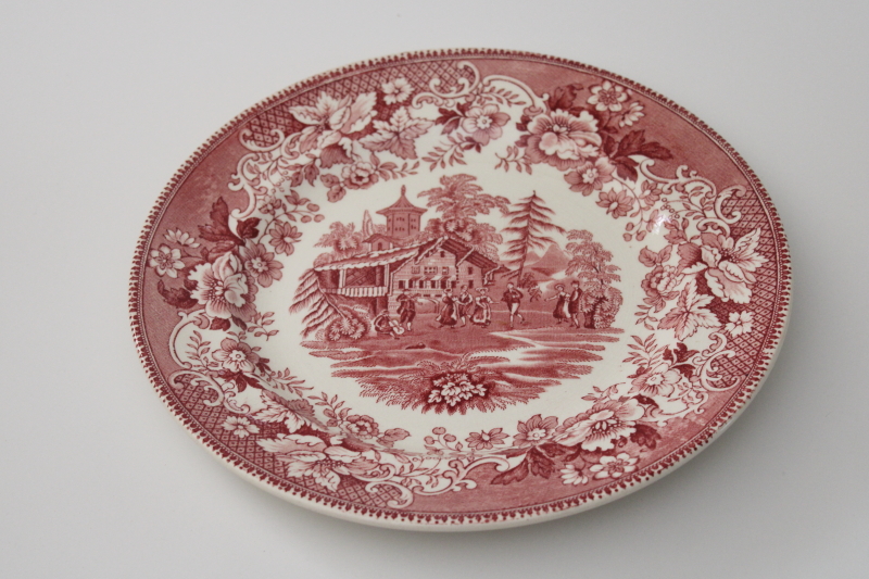 photo of vintage red transferware china dinner plate, Avon Cottage English folk dancers print #1