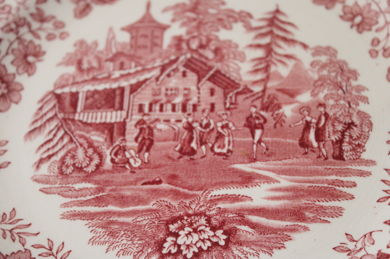 photo of vintage red transferware china dinner plate, Avon Cottage English folk dancers print #2