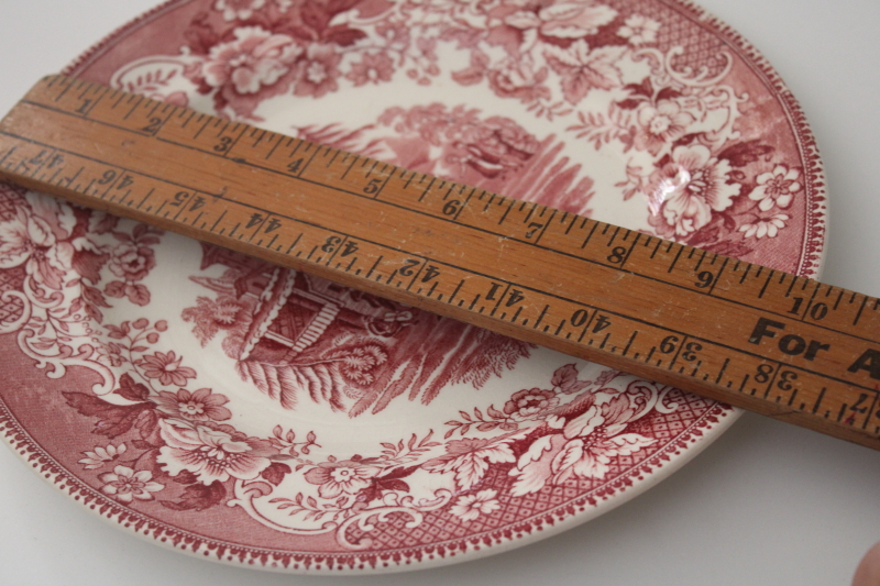 photo of vintage red transferware china dinner plate, Avon Cottage English folk dancers print #6