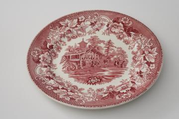 catalog photo of vintage red transferware china dinner plate, Avon Cottage English folk dancers print