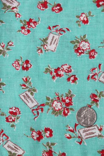 photo of vintage red / turquoise print cotton feedsack fabric, sewn sack w/ original chain stitching #1