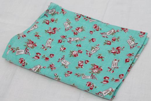 photo of vintage red / turquoise print cotton feedsack fabric, sewn sack w/ original chain stitching #4