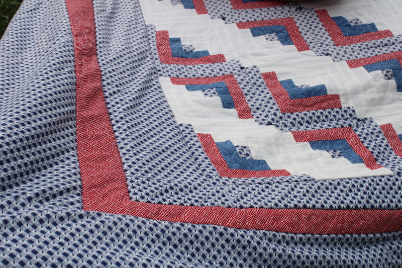 photo of vintage red white & blue patchwork quilts handmade log cabin pattern twin bed size pair  #2