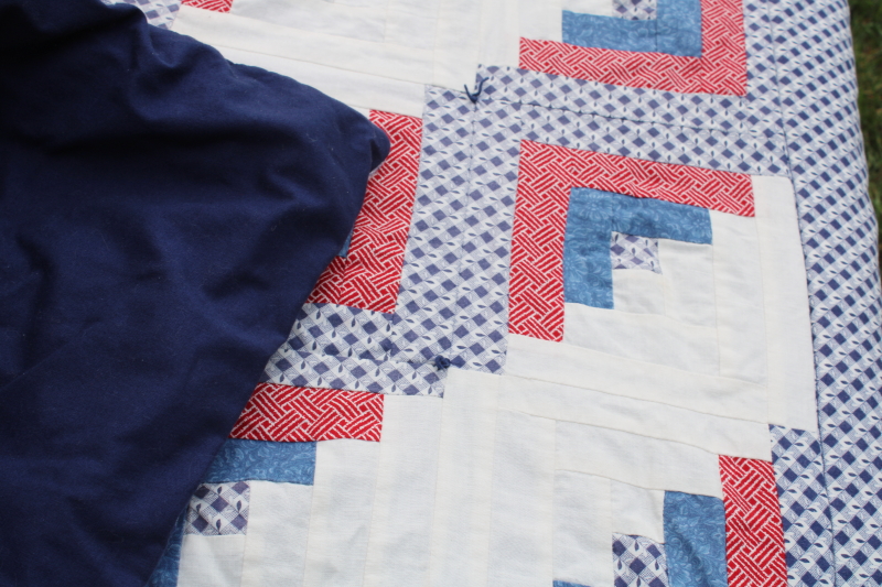 photo of vintage red white & blue patchwork quilts handmade log cabin pattern twin bed size pair  #3