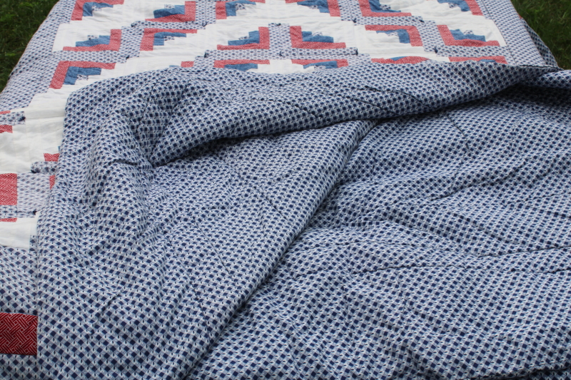 photo of vintage red white & blue patchwork quilts handmade log cabin pattern twin bed size pair  #4