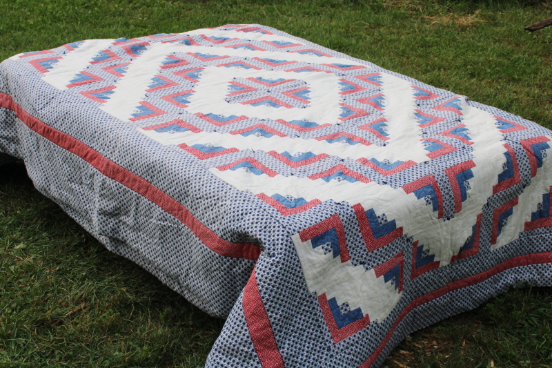 photo of vintage red white & blue patchwork quilts handmade log cabin pattern twin bed size pair  #5
